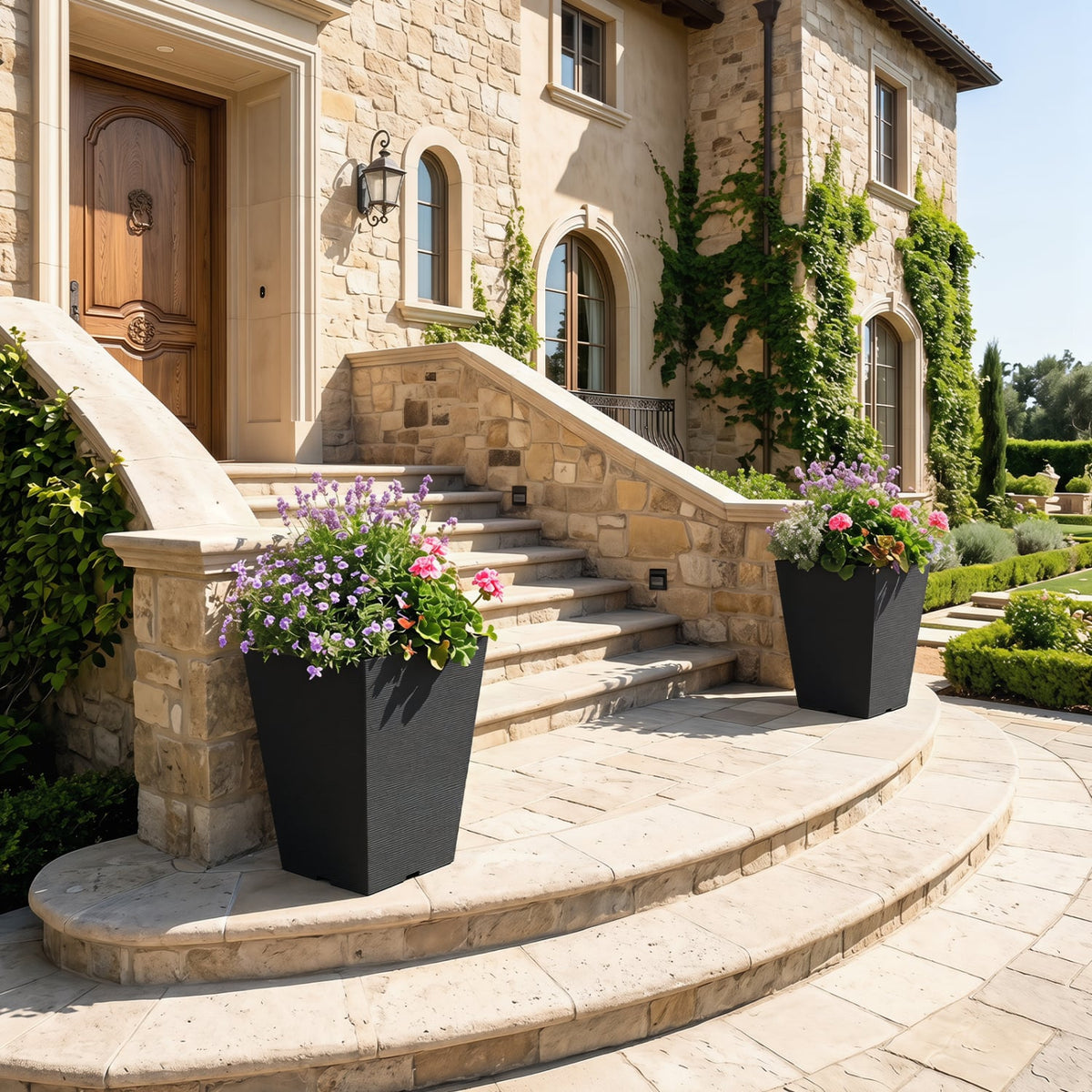 Set of 2 Square Taper Planter with Optional Drainage Hole and Removable Inner Bucket-Black view 2