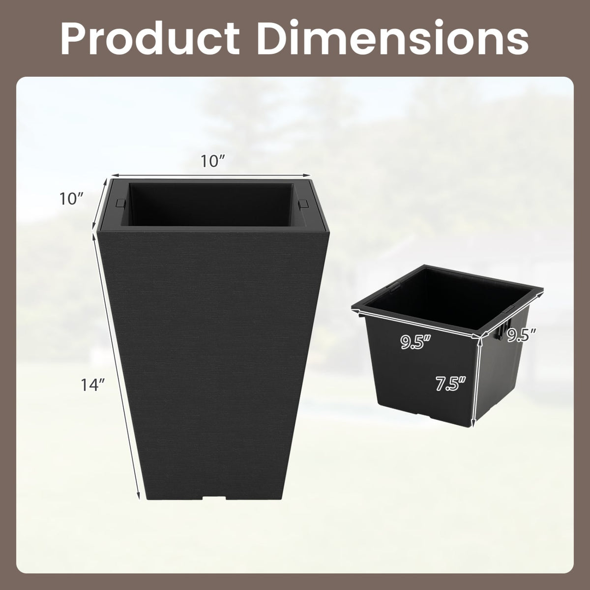 Set of 2 Square Taper Planter with Optional Drainage Hole and Removable Inner Bucket-Black view 5