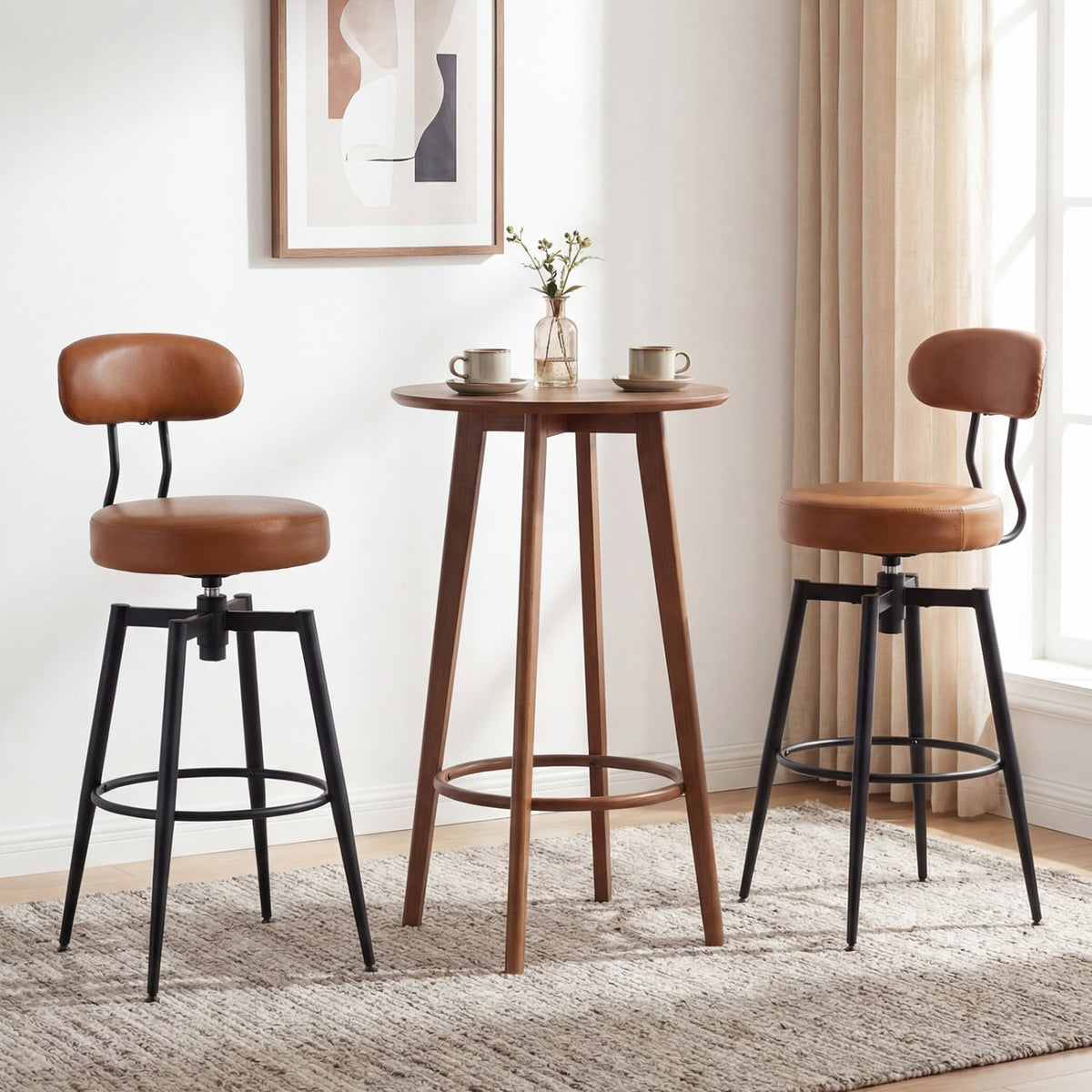 Set of 2 Swivel Barstools Faux Leather with Upholstered Seat and Back-Brown view 2