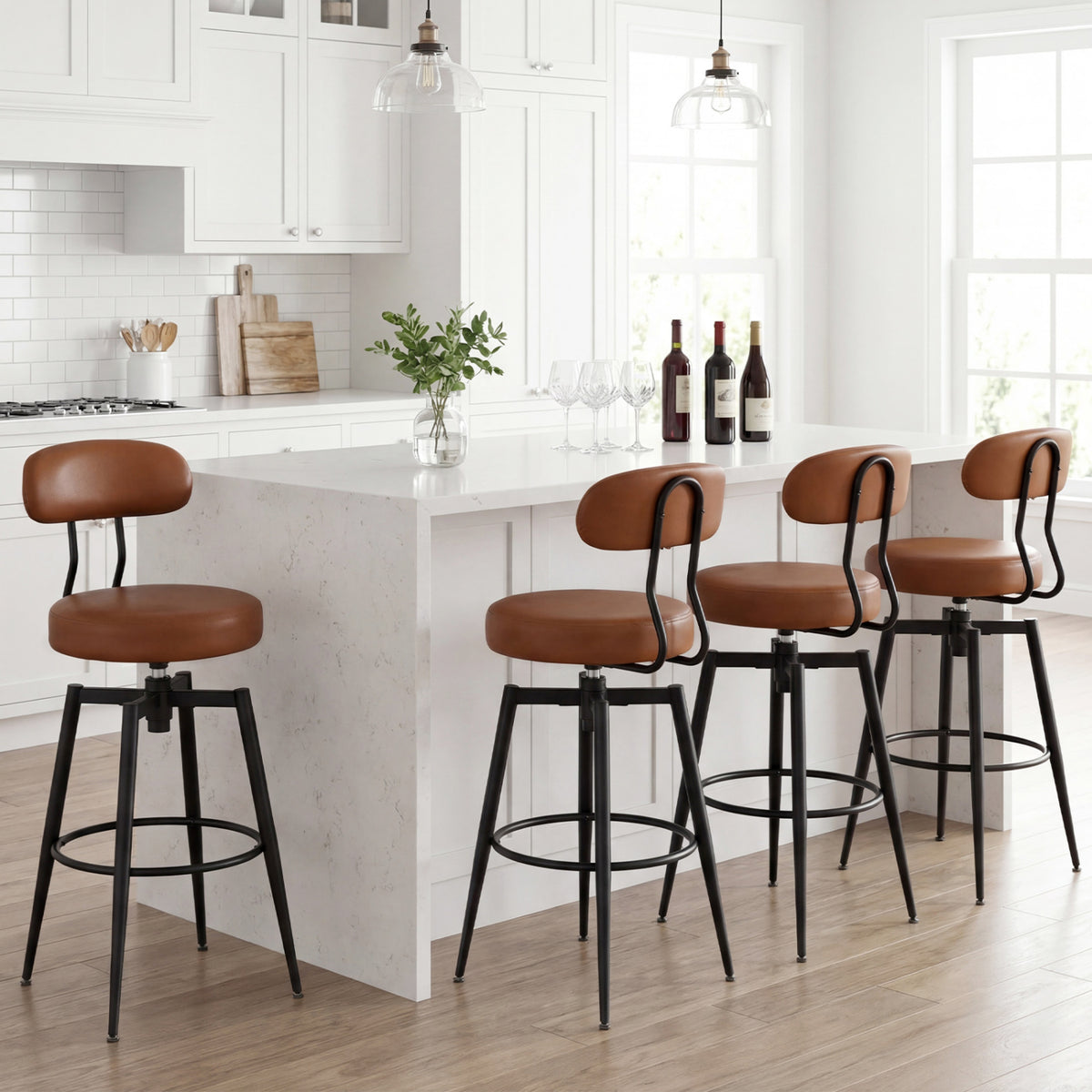 Set of 2 Swivel Barstools Faux Leather with Upholstered Seat and Back-Brown view 5