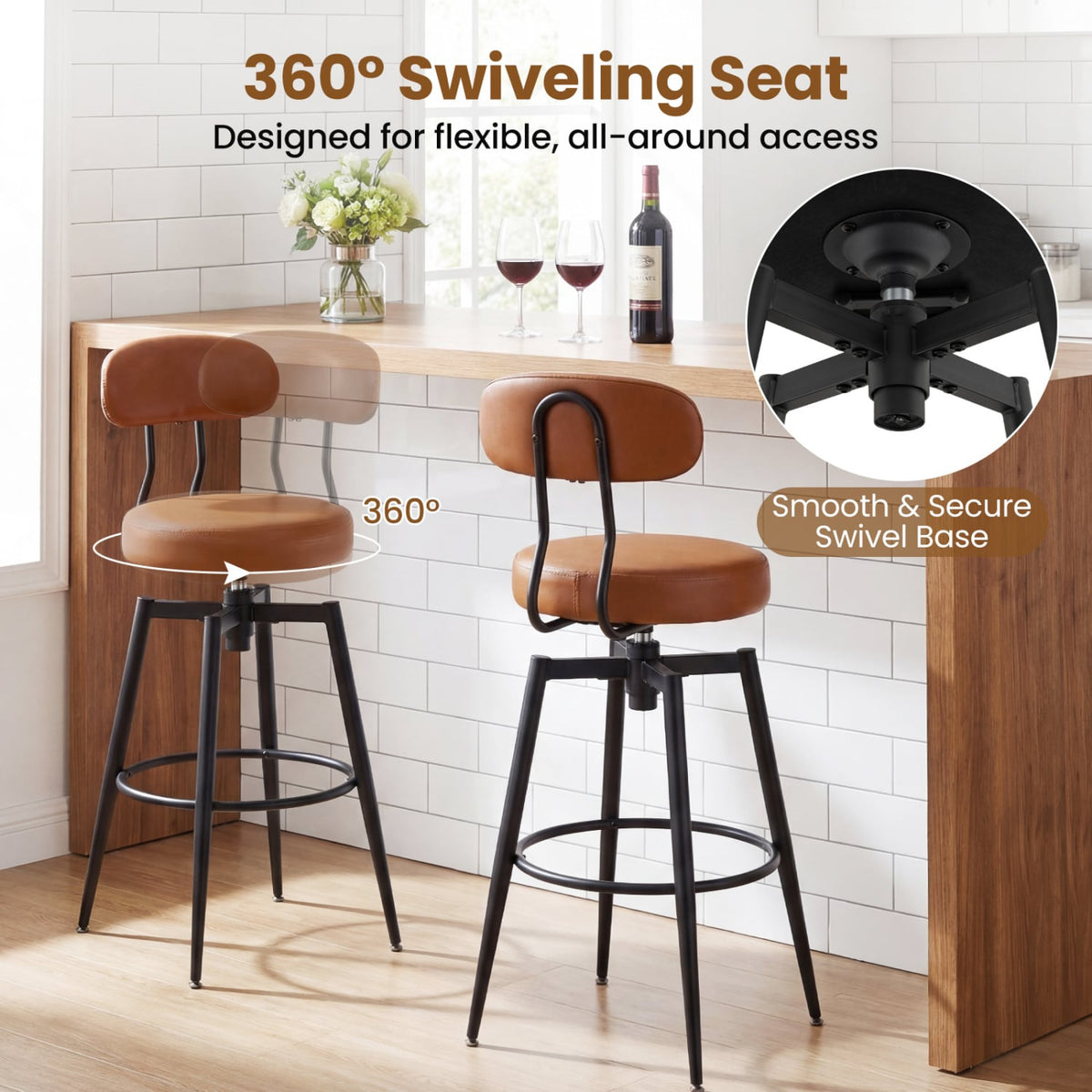 Set of 2 Swivel Barstools Faux Leather with Upholstered Seat and Back-Brown view 7