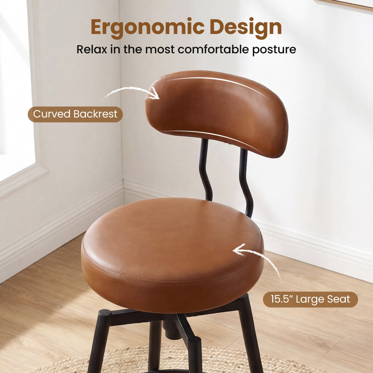 Set of 2 Swivel Barstools Faux Leather with Upholstered Seat and Back-Brown view 8