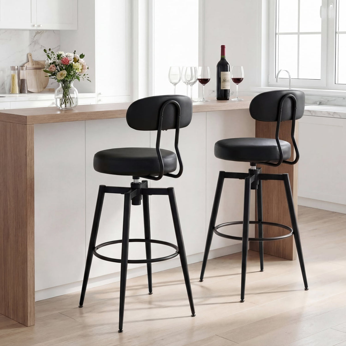 Set of 2 Swivel Barstools Faux Leather with Upholstered Seat and Back-Black view 3