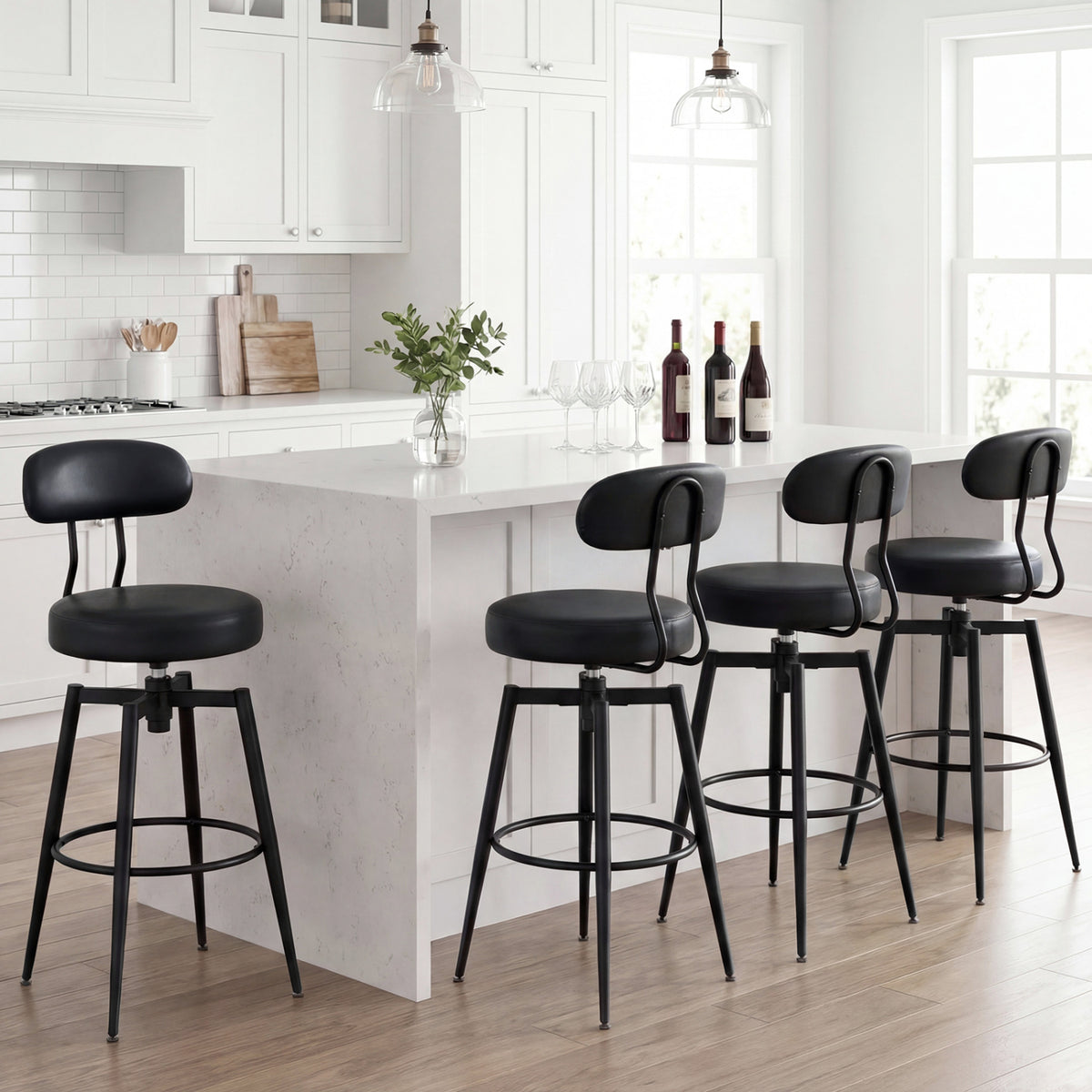Set of 2 Swivel Barstools Faux Leather with Upholstered Seat and Back-Black view 5