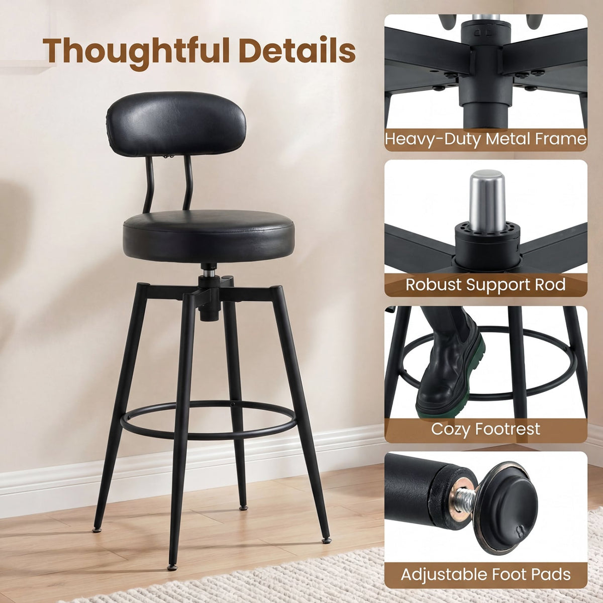 Set of 2 Swivel Barstools Faux Leather with Upholstered Seat and Back-Black view 9