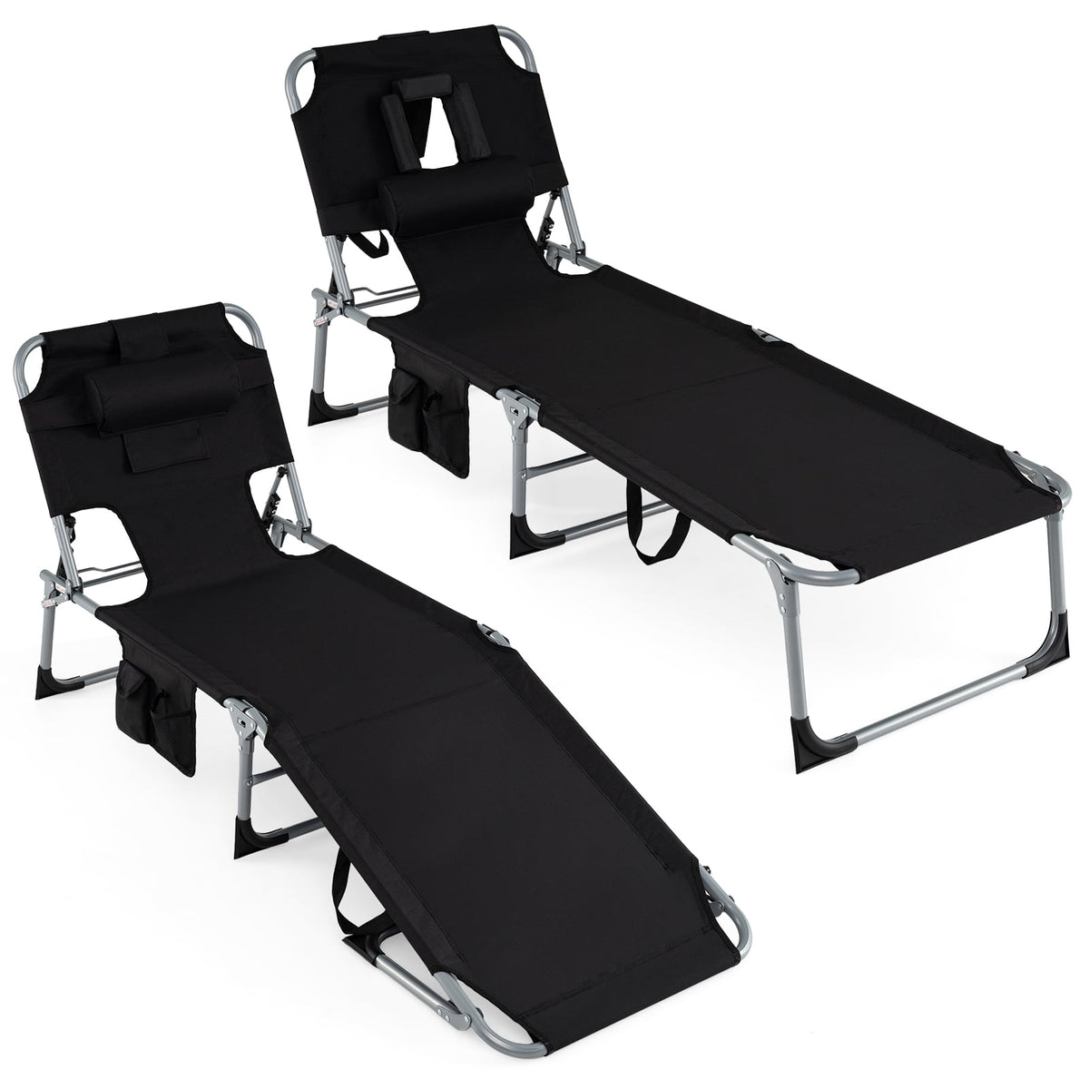 Set of 2 Tanning Chair Portable Chaise Lounge Chair with 4-Position Adjustable Backrest-Black