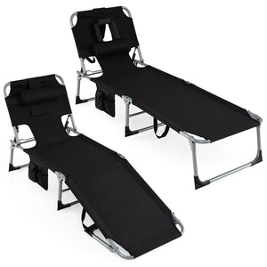 Set of 2 Tanning Chair Portable Chaise Lounge Chair with 4-Position Adjustable Backrest-Black