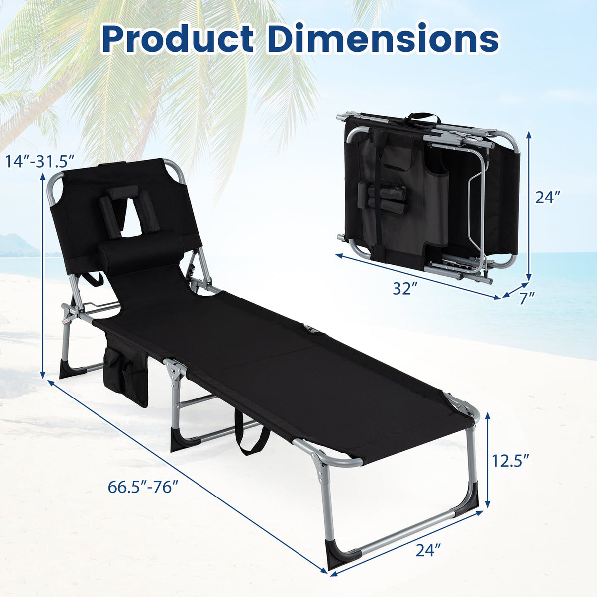 Set of 2 Tanning Chair Portable Chaise Lounge Chair with 4-Position Adjustable Backrest-Black view 5