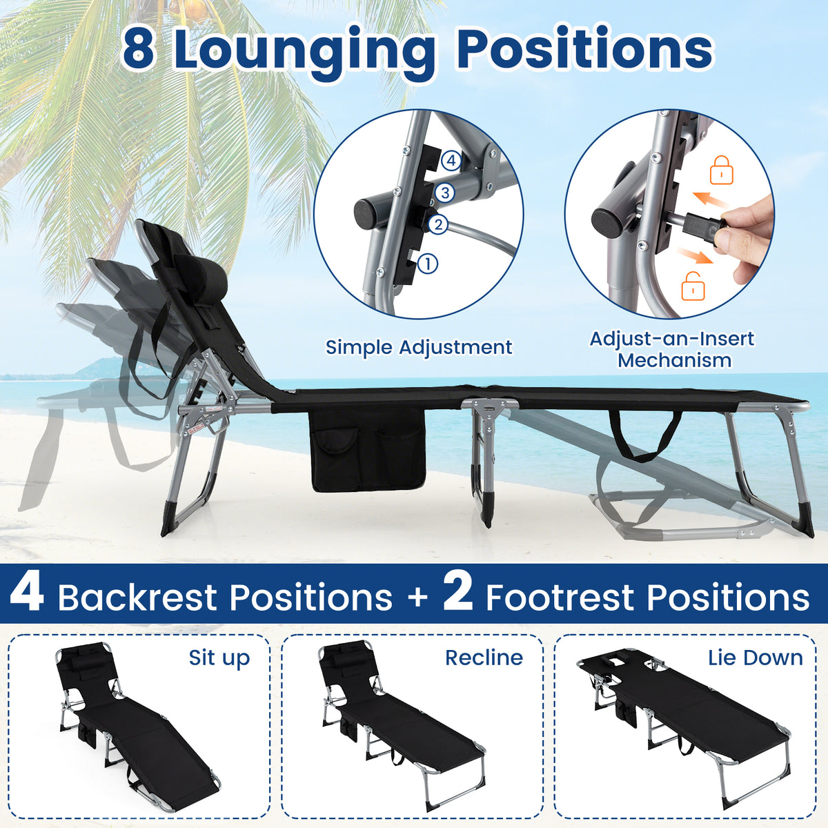 Set of 2 Tanning Chair Portable Chaise Lounge Chair with 4-Position Adjustable Backrest-Black view 6