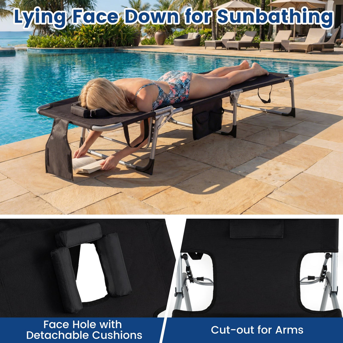 Set of 2 Tanning Chair Portable Chaise Lounge Chair with 4-Position Adjustable Backrest-Black view 8