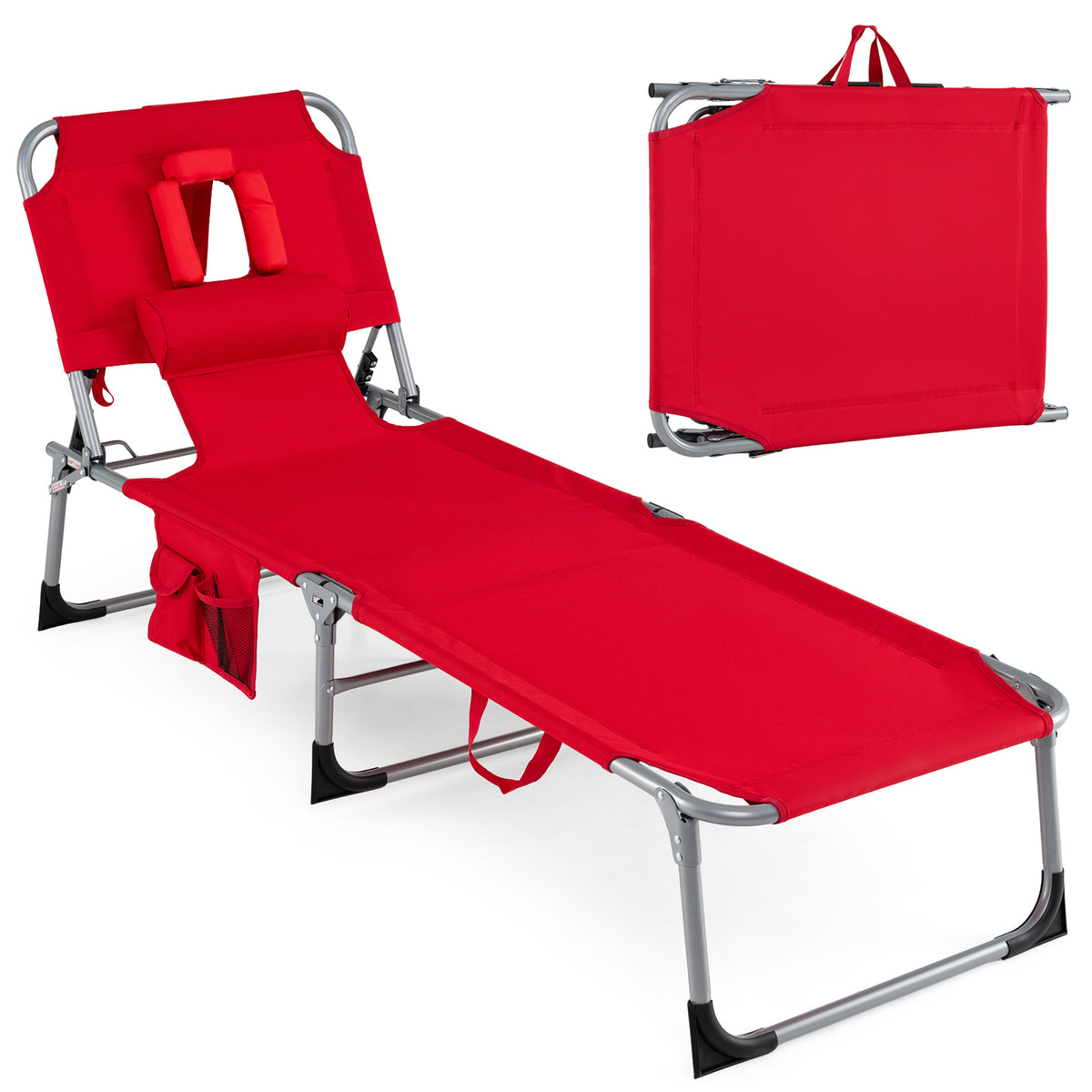 Set of 2 Tanning Chair Portable Chaise Lounge Chair with 4-Position Adjustable Backrest-Red