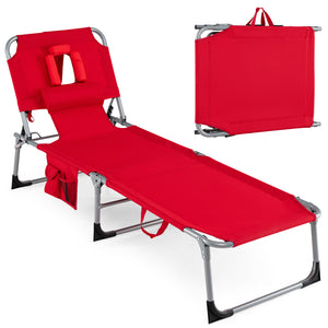 Set of 2 Tanning Chair Portable Chaise Lounge Chair with 4-Position Adjustable Backrest-Red
