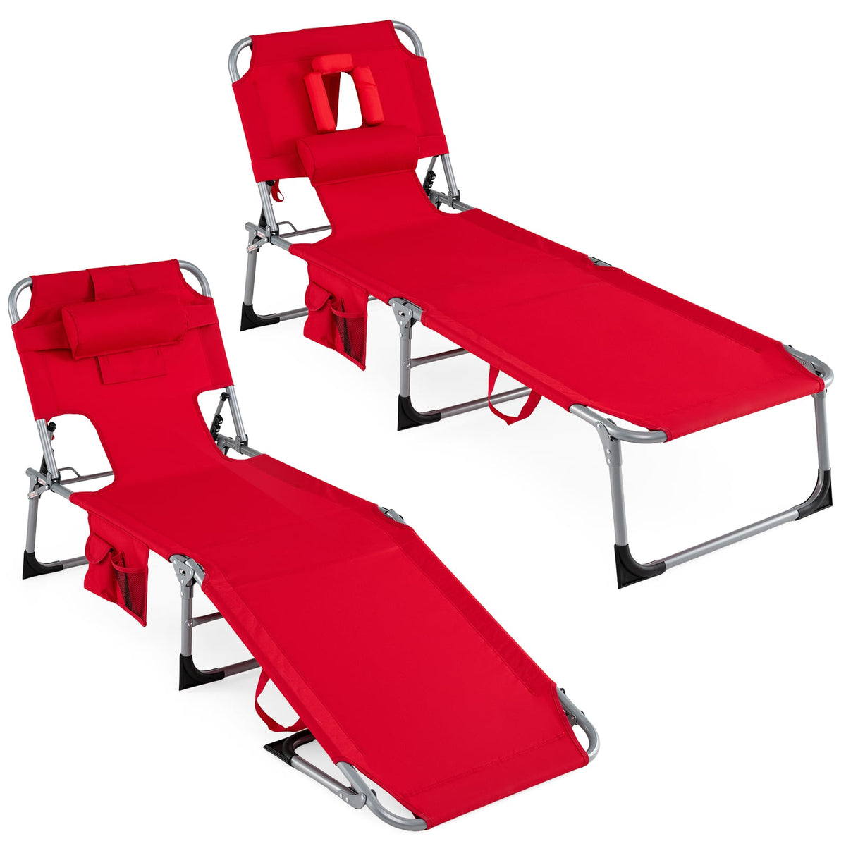Set of 2 Tanning Chair Portable Chaise Lounge Chair with 4-Position Adjustable Backrest-Red view 4