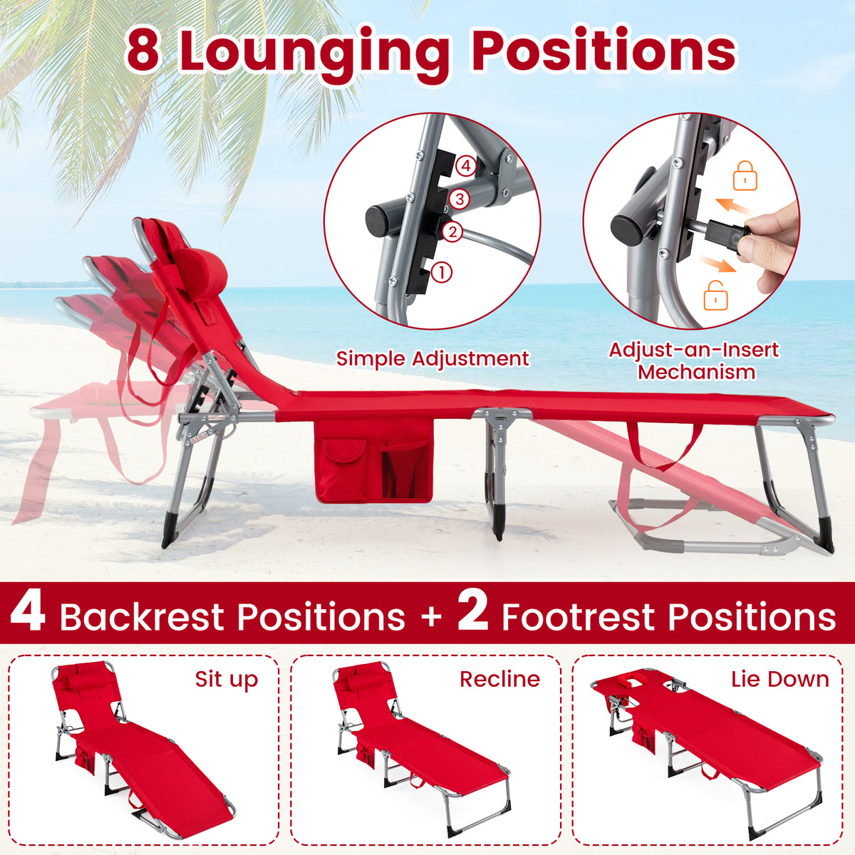 Set of 2 Tanning Chair Portable Chaise Lounge Chair with 4-Position Adjustable Backrest-Red view 6