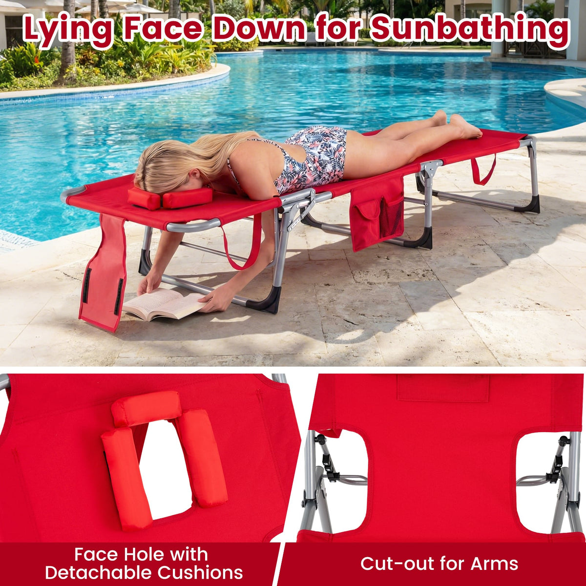 Set of 2 Tanning Chair Portable Chaise Lounge Chair with 4-Position Adjustable Backrest-Red view 8