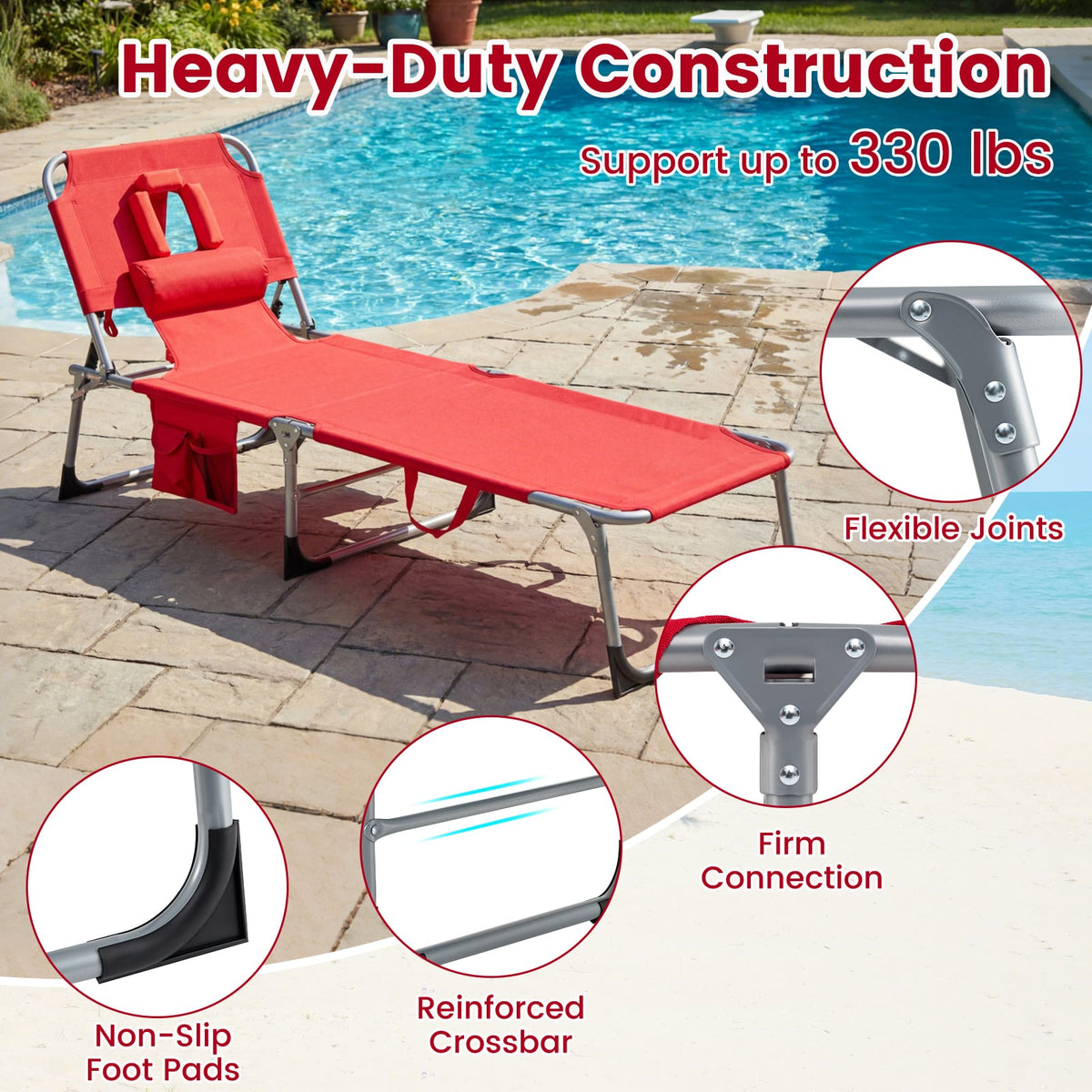 Set of 2 Tanning Chair Portable Chaise Lounge Chair with 4-Position Adjustable Backrest-Red view 9