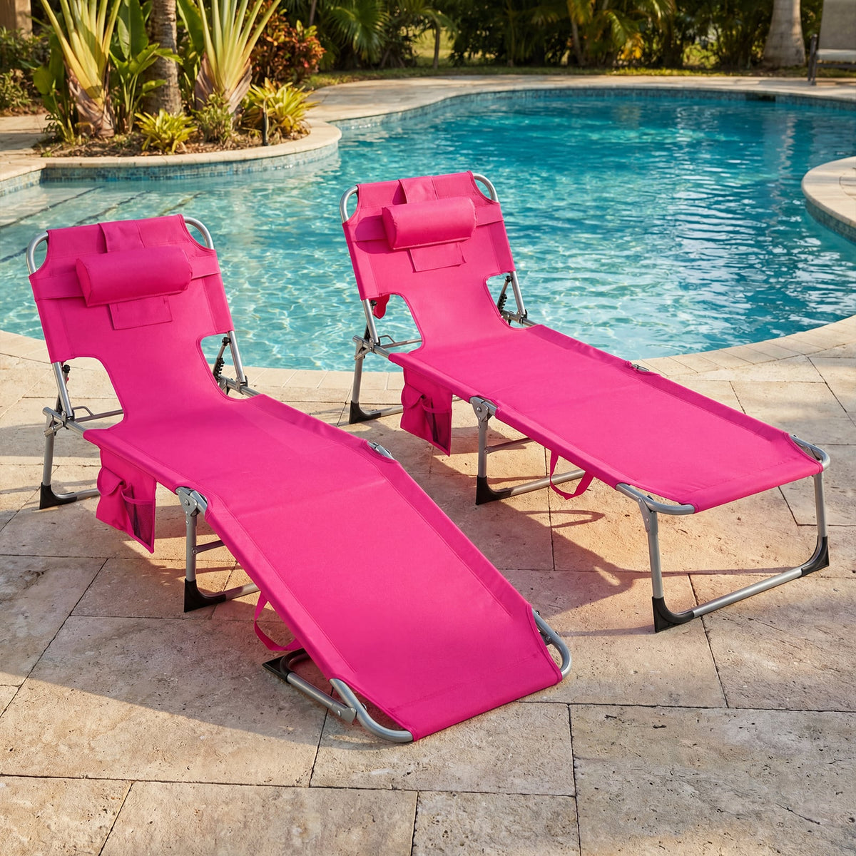 Set of 2 Tanning Chair Portable Chaise Lounge Chair with 4-Position Adjustable Backrest-Pink view 3