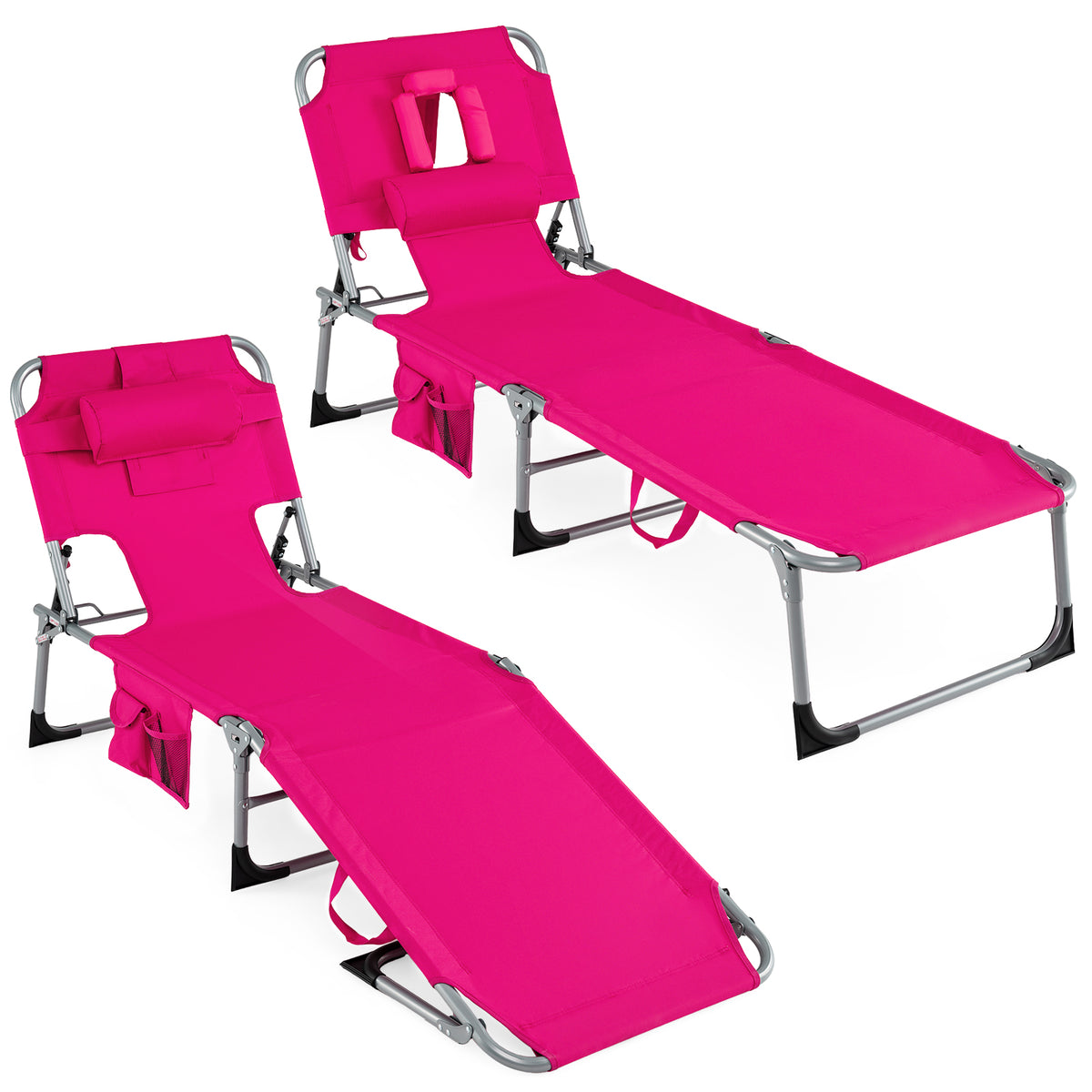 Set of 2 Tanning Chair Portable Chaise Lounge Chair with 4-Position Adjustable Backrest-Pink
