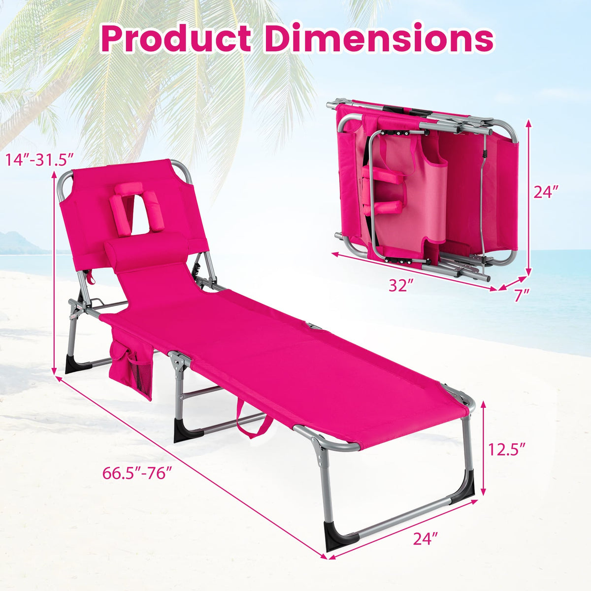 Set of 2 Tanning Chair Portable Chaise Lounge Chair with 4-Position Adjustable Backrest-Pink view 5