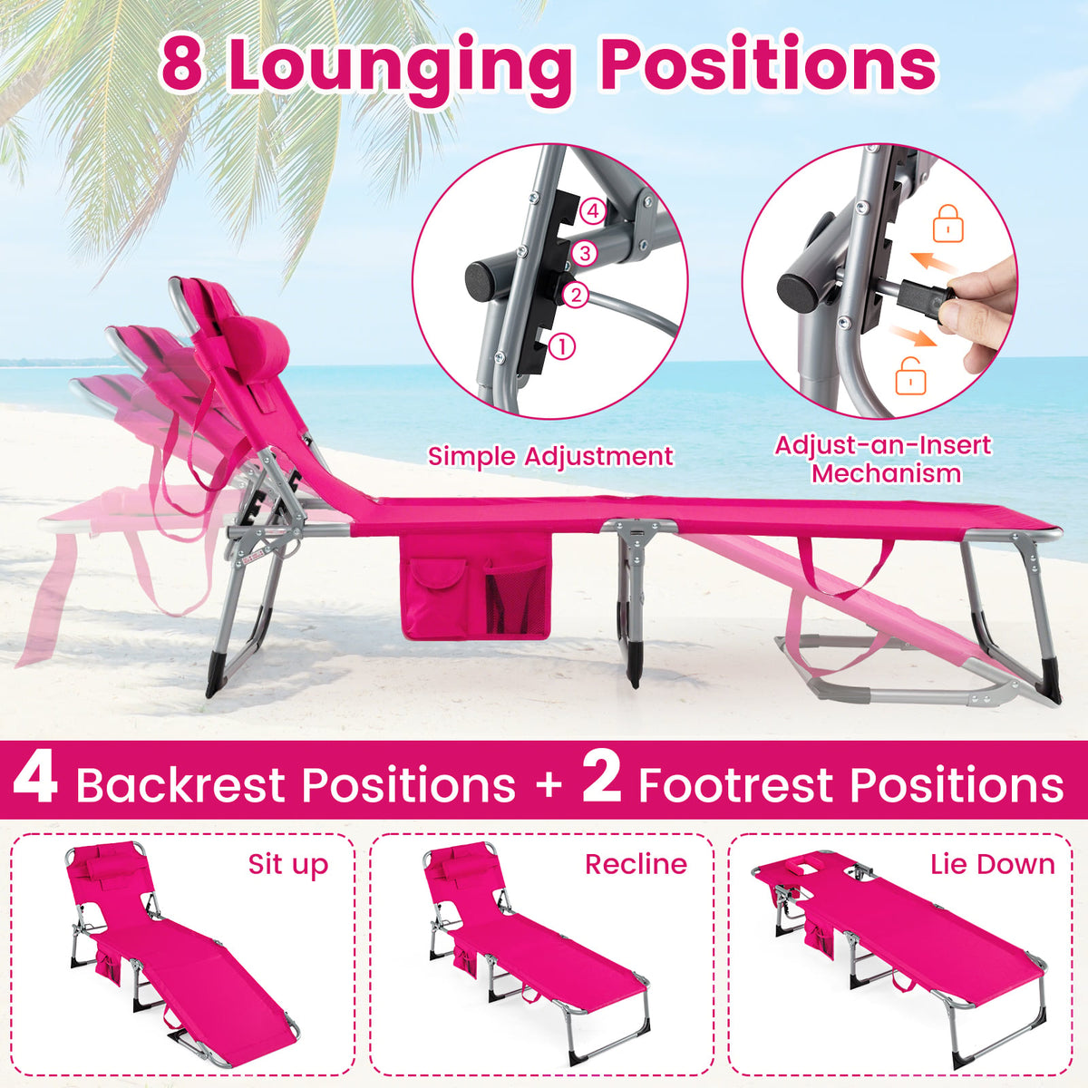 Set of 2 Tanning Chair Portable Chaise Lounge Chair with 4-Position Adjustable Backrest-Pink view 6
