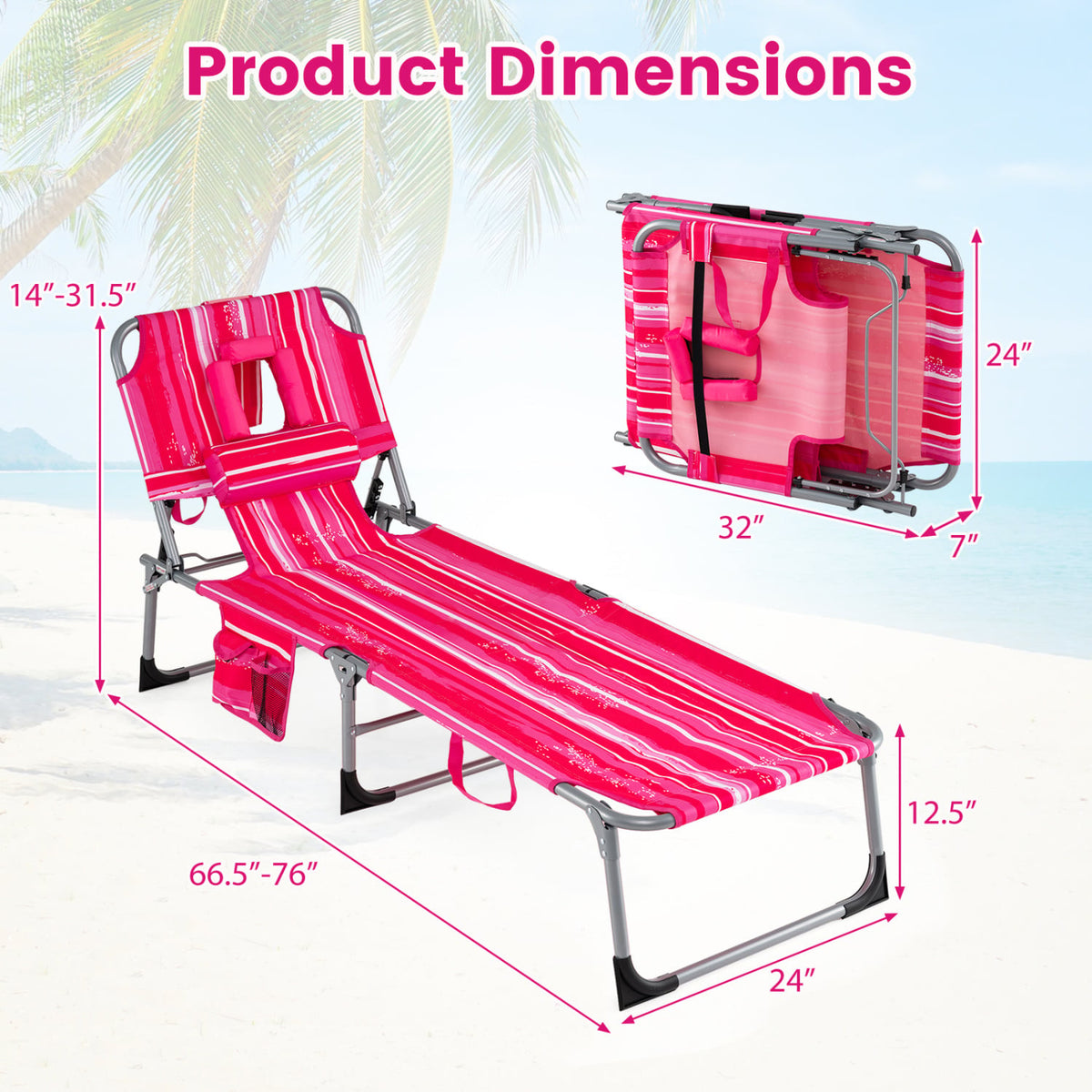 Set of 2 Tanning Chair Portable Chaise Lounge Chair with 4-Position Adjustable Backrest-Pink Stripe view 3