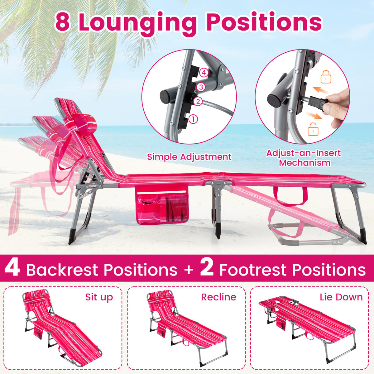Set of 2 Tanning Chair Portable Chaise Lounge Chair with 4-Position Adjustable Backrest-Pink Stripe view 4