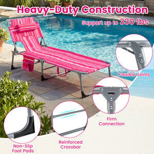Set of 2 Tanning Chair Portable Chaise Lounge Chair with 4-Position Adjustable Backrest-Pink Stripe view 7