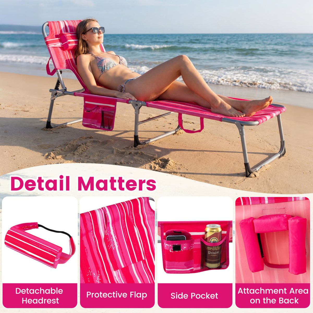 Set of 2 Tanning Chair Portable Chaise Lounge Chair with 4-Position Adjustable Backrest-Pink Stripe view 8
