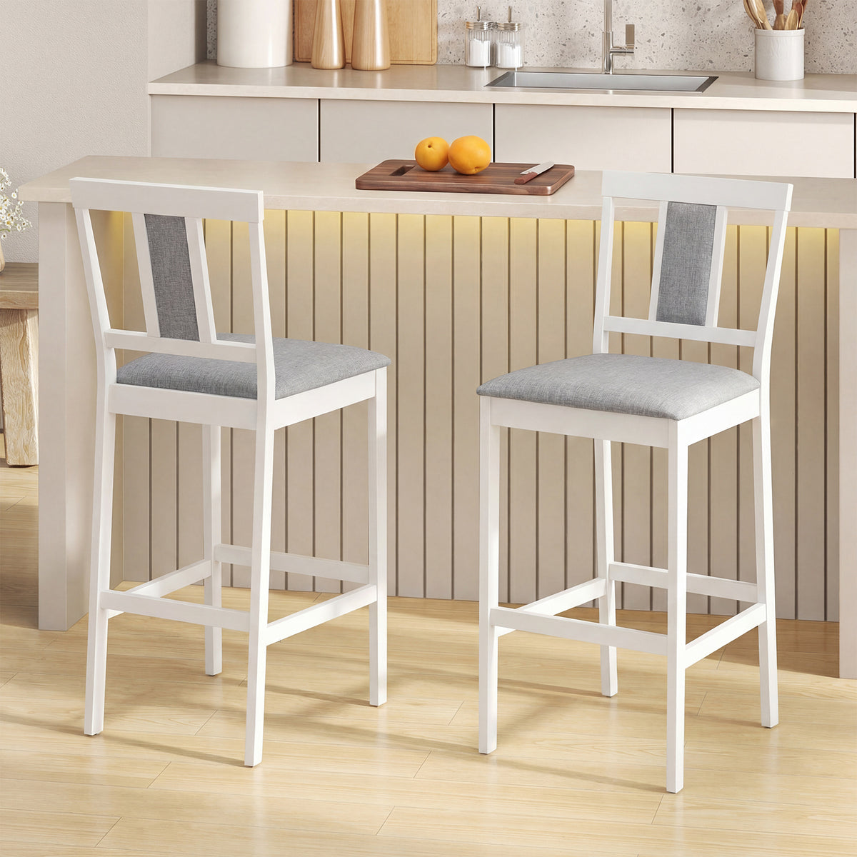 Set of 2 Upholstered Barstool 29.5 Inch Bar Height with Solid Rubber Wood Frame-White view 2