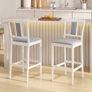 Set of 2 Upholstered Barstool 29.5 Inch Bar Height with Solid Rubber Wood Frame-White view 2