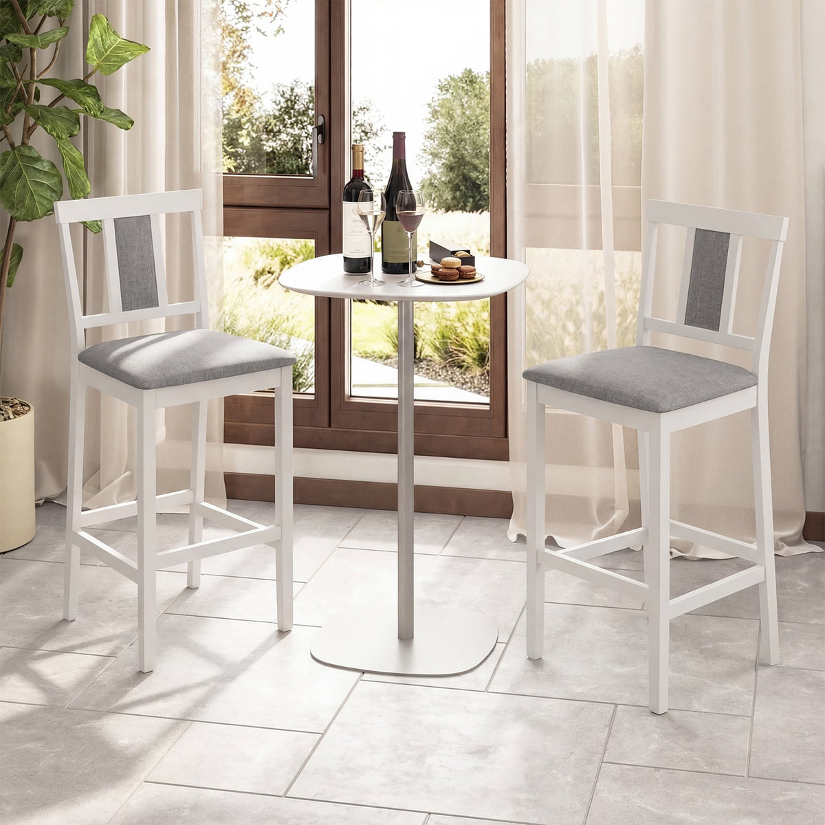 Set of 2 Upholstered Barstool 29.5 Inch Bar Height with Solid Rubber Wood Frame-White view 3