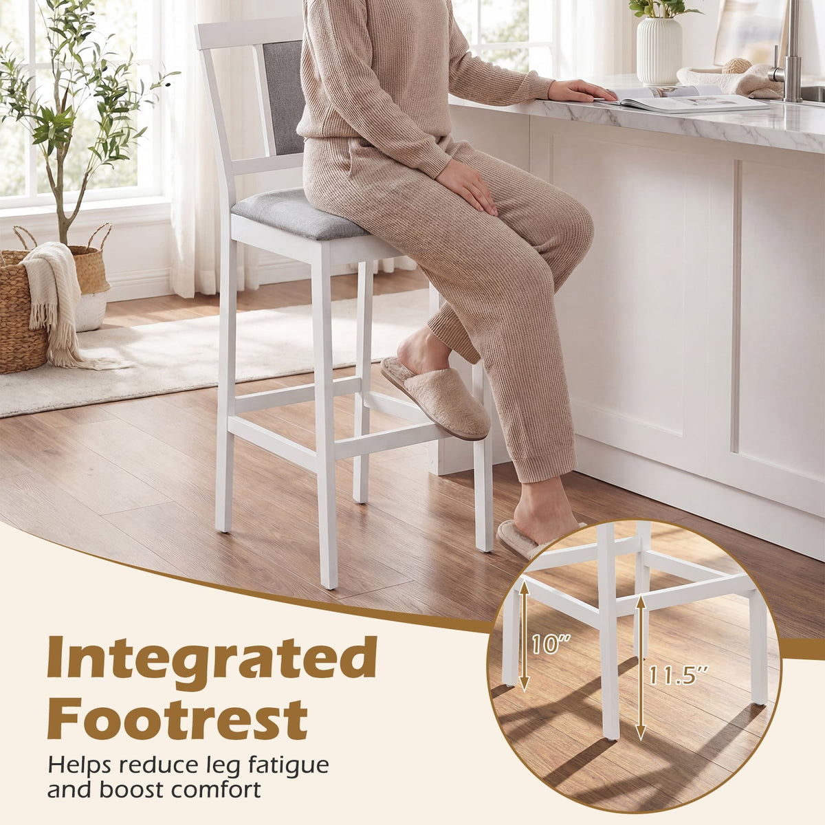 Set of 2 Upholstered Barstool 29.5 Inch Bar Height with Solid Rubber Wood Frame-White view 6