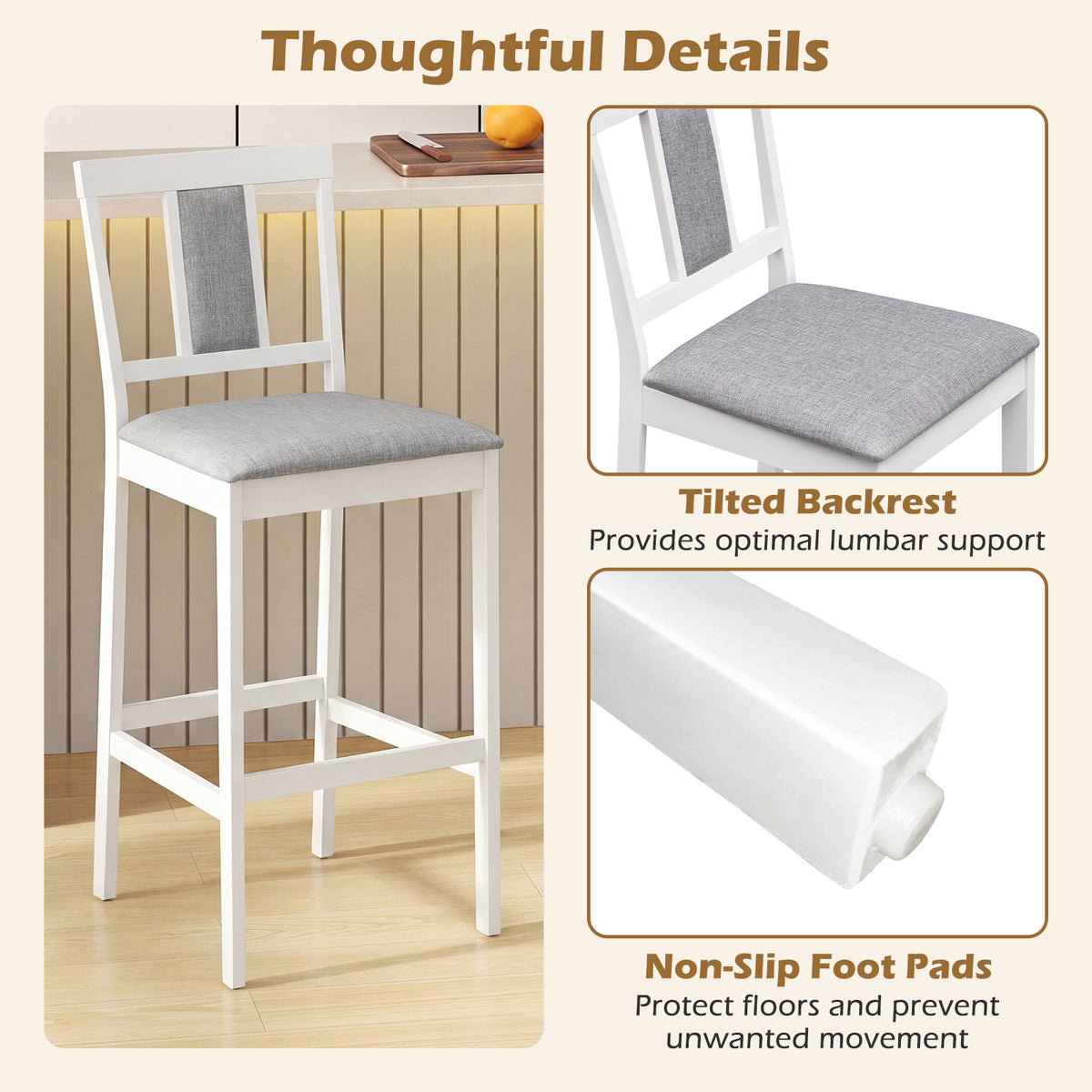 Set of 2 Upholstered Barstool 29.5 Inch Bar Height with Solid Rubber Wood Frame-White view 8