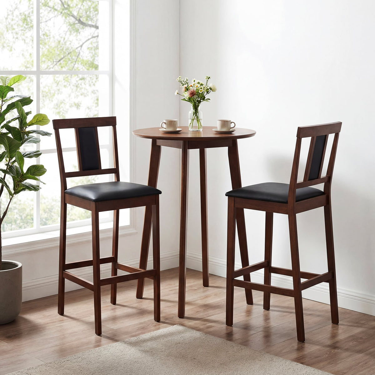 Set of 2 Upholstered Barstool 29.5 Inch Bar Height with Solid Rubber Wood Frame-Walnut view 3
