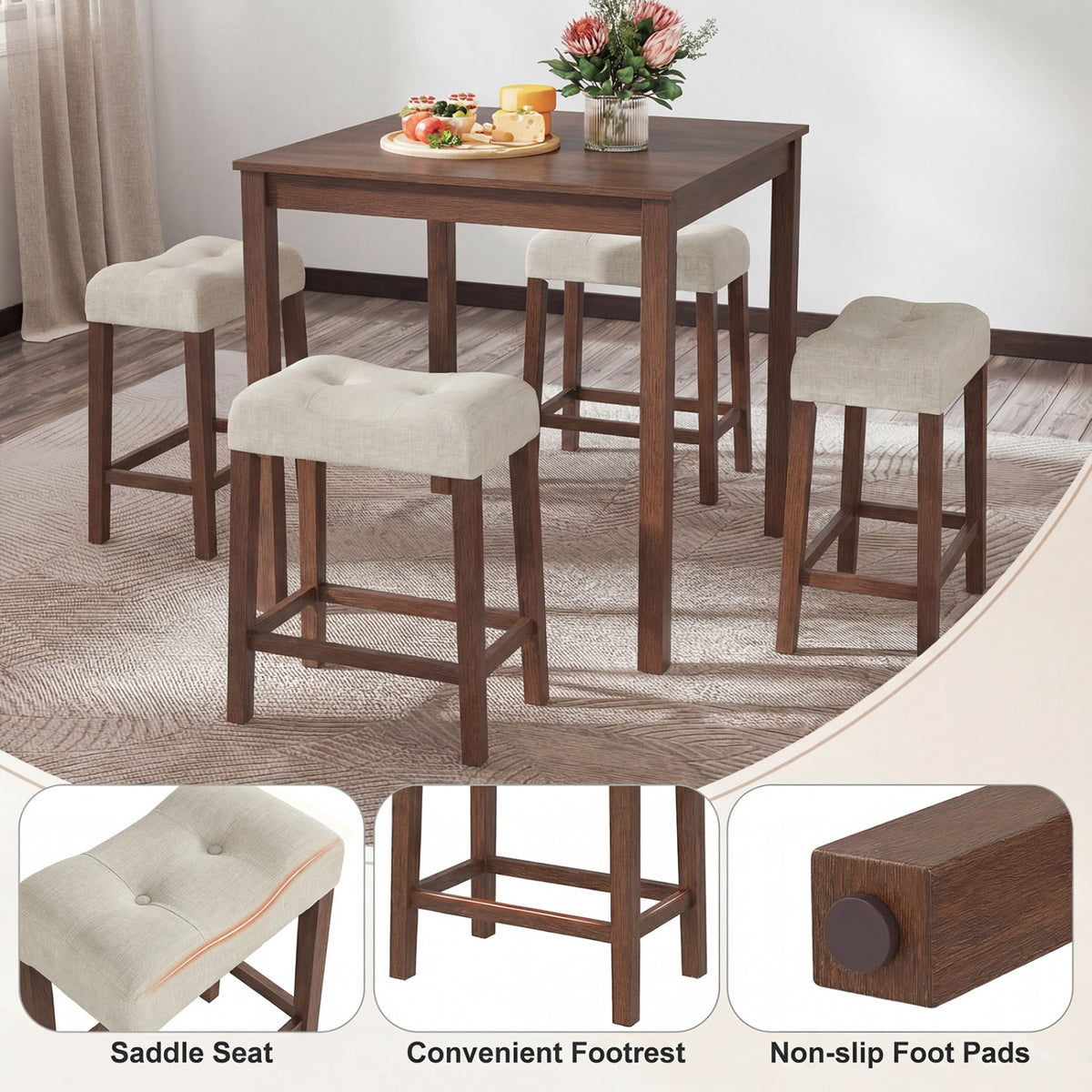 Set of 2 Upholstered Counter Height Bar Stool with Curved Saddle-Seat-Brown view 7