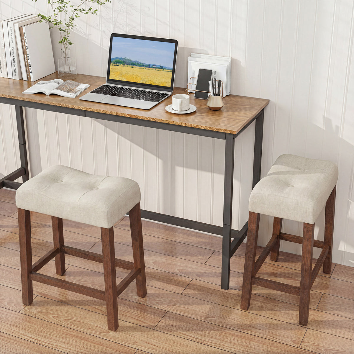 Set of 2 Upholstered Counter Height Bar Stool with Curved Saddle-Seat-Brown view 3