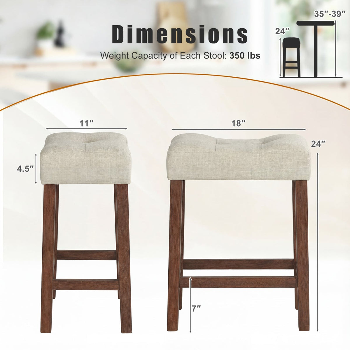 Set of 2 Upholstered Counter Height Bar Stool with Curved Saddle-Seat-Brown view 4