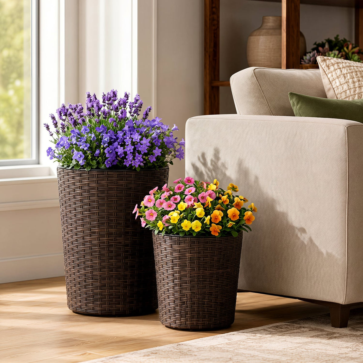 Set of 3 Plastic Planters with Drainage Holes and Saucers for Porch and Garden-Brown view 6