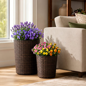 Set of 3 Plastic Planters with Drainage Holes and Saucers for Porch and Garden-Brown view 6