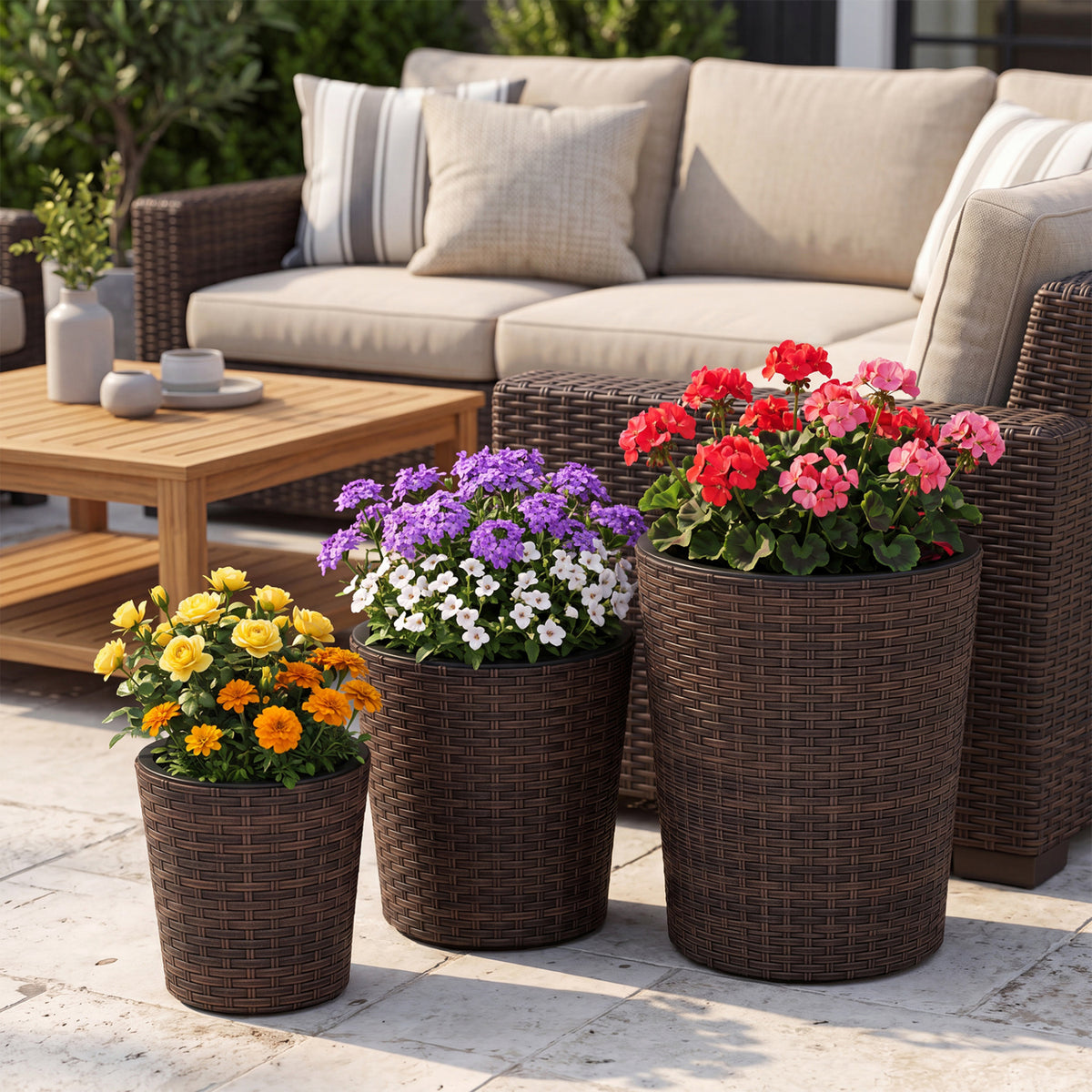 Set of 3 Plastic Planters with Drainage Holes and Saucers for Porch and Garden-Brown view 3