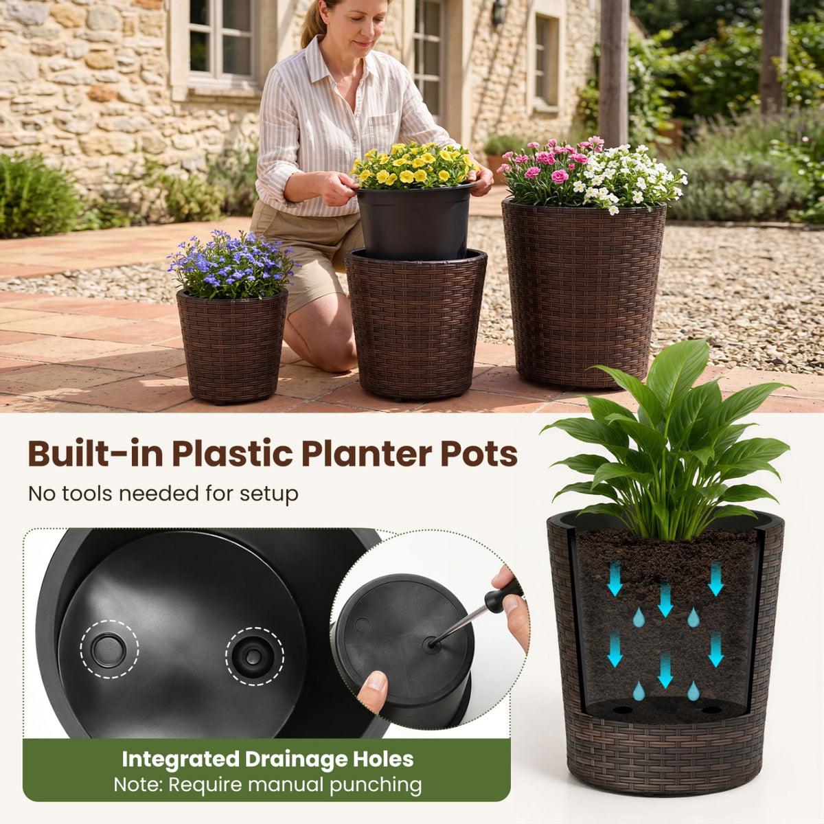 Set of 3 Plastic Planters with Drainage Holes and Saucers for Porch and Garden-Brown view 9