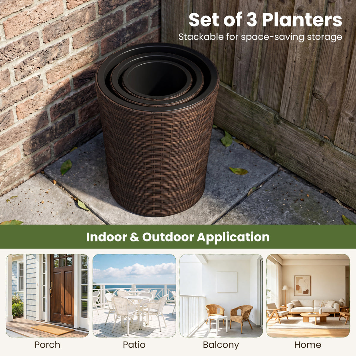 Set of 3 Plastic Planters with Drainage Holes and Saucers for Porch and Garden-Brown view 7
