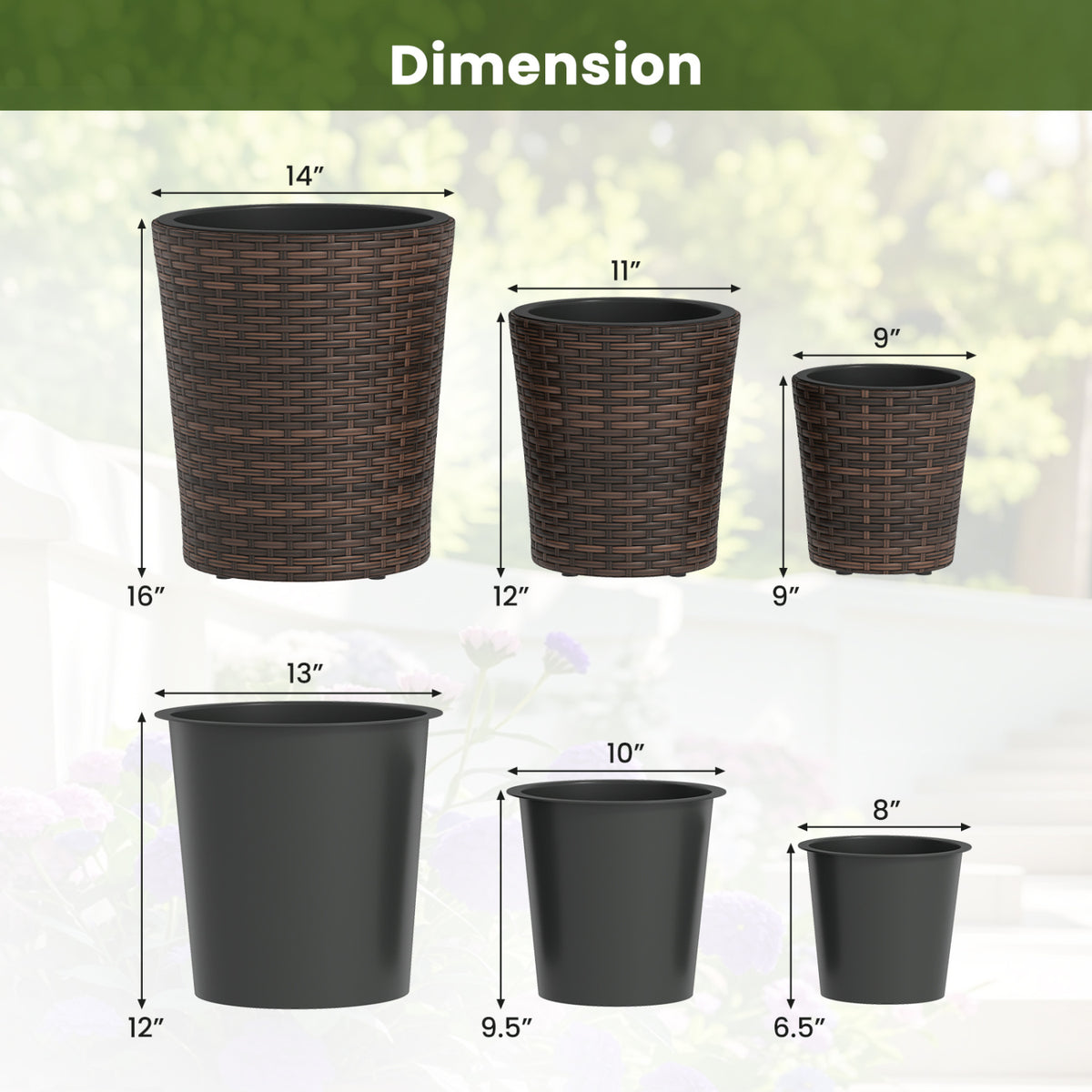 Set of 3 Plastic Planters with Drainage Holes and Saucers for Porch and Garden-Brown view 5