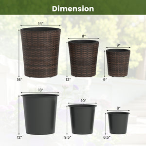 Set of 3 Plastic Planters with Drainage Holes and Saucers for Porch and Garden-Brown view 5