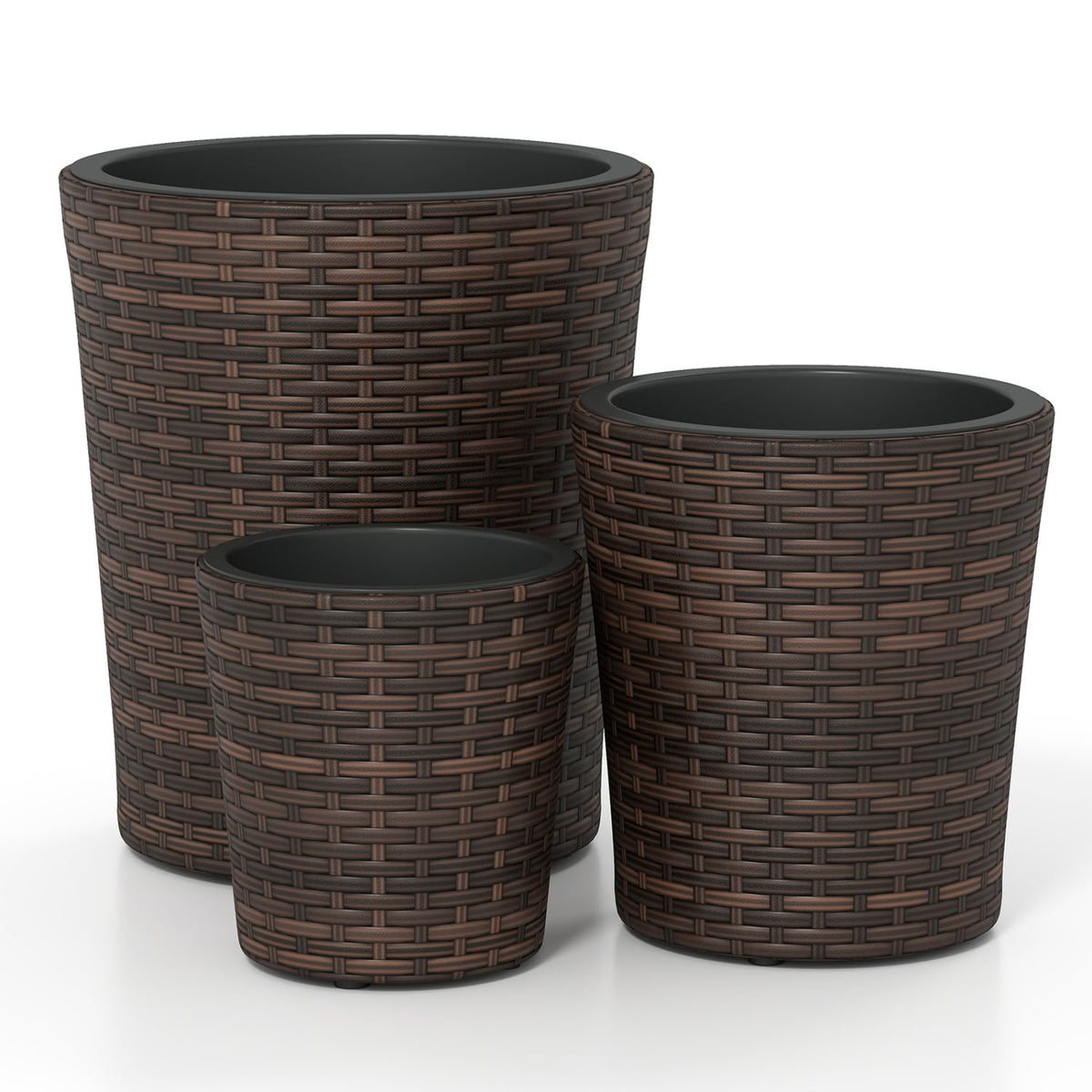 Set of 3 Plastic Planters with Drainage Holes and Saucers for Porch and Garden-Brown view 4