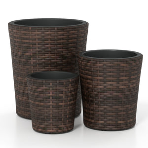 Set of 3 Plastic Planters with Drainage Holes and Saucers for Porch and Garden-Brown view 4