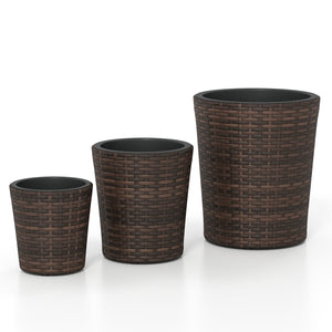Set of 3 Plastic Planters with Drainage Holes and Saucers for Porch and Garden-Brown