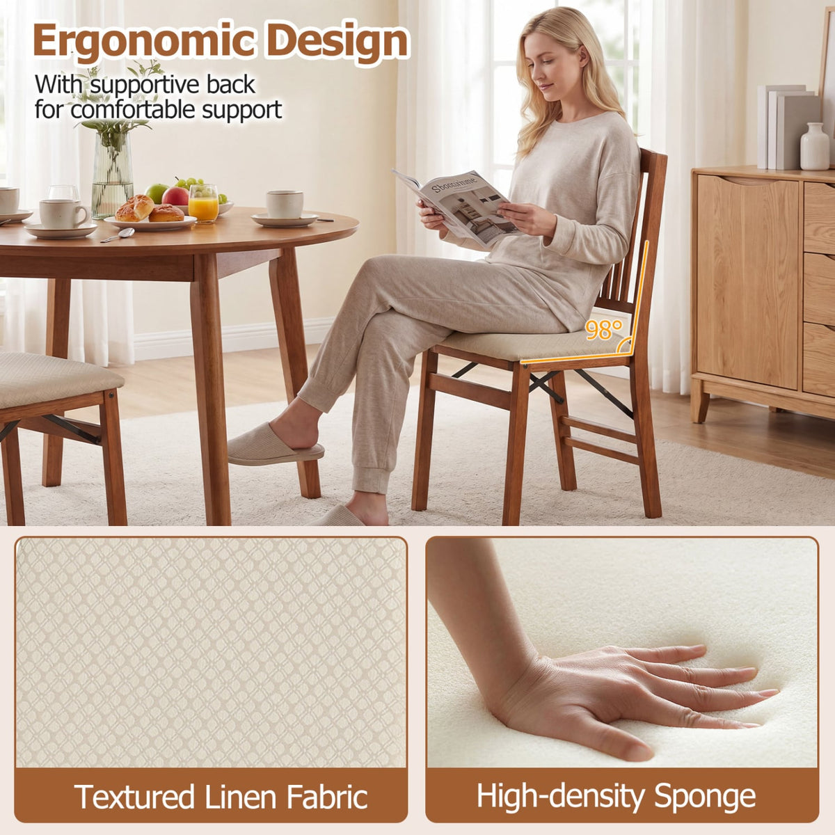 Set of 4 Foldable Upholstered Kitchen Chairs with Padded Seat-Beige view 6