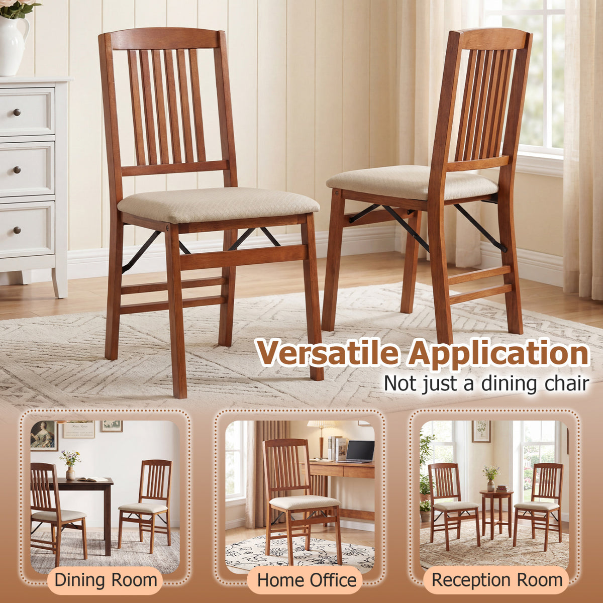 Set of 4 Foldable Upholstered Kitchen Chairs with Padded Seat-Beige view 7