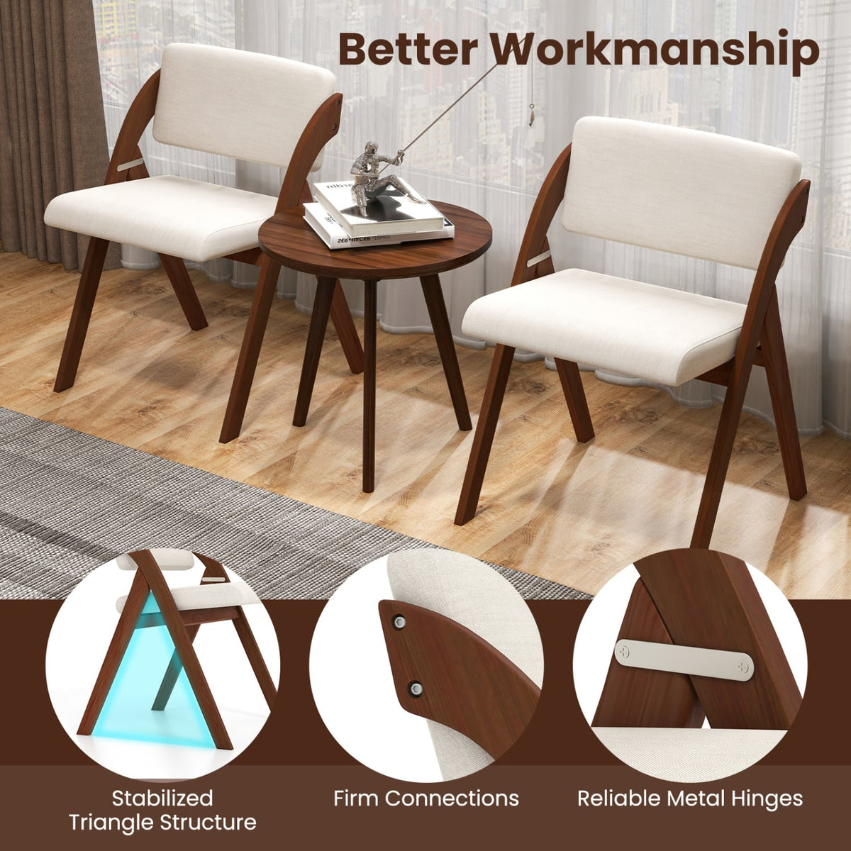 Set of 4 Folding Kitchen Dining Chairs with Rubber Wood Legs-Walnut view 4
